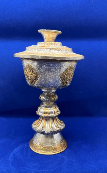 Butter Lamp with Lid, Silver Plate & Gilt on Copper