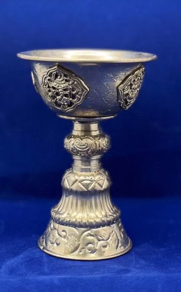 Butter Lamp, White metal, Auspicious symbols 5"